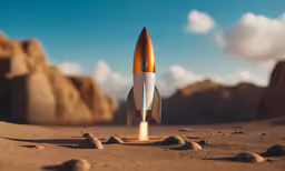 an orange and white model rocket sits on the ground