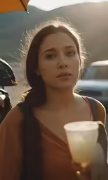 a woman holding an umbrella and a drink
