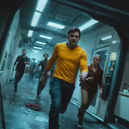 a scene from the movie blade with three men in yellow shirts and two women walking down an corridor