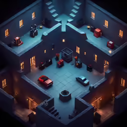 an aerial view of a building with all its lights on