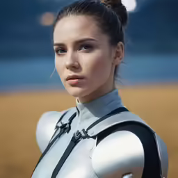 a woman dressed in a suit of armor posing