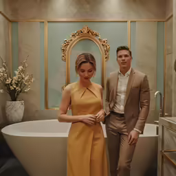 the man and woman pose for a photo in front of the bathtub