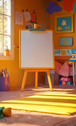 an empty whiteboard is sitting on a small easel