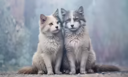 two dogs sitting next to each other on the ground