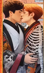 two anime characters kissing with skeleton paper