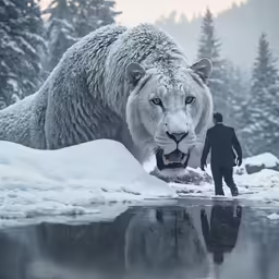 the man walks past a snow - covered bear as he stands in front of a mountain stream