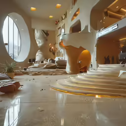 a room full of white couches and round windows
