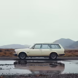 the beige car is parked on a wet road