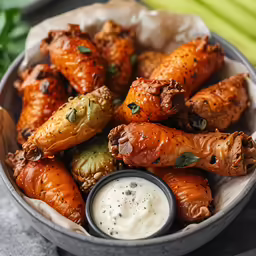 small basket with stuffed chicken, carrots, and dip in it