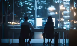 two people looking at the lights on computer monitors