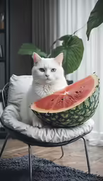 a cat that is sitting in a watermelon chair