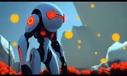 the robot is standing in front of some orange flowers