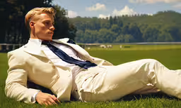 a man is laying in the grass wearing a suit and blue tie,a man is laying down on the grass