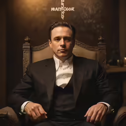 a man wearing a black suit sitting in a chair