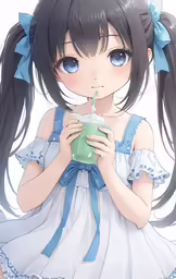 a girl with long hair is holding a cup and an orange juice in her hand