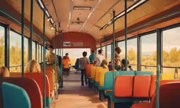 some people are sitting on a train and some have their heads down,a number of people on a bus with no one in the picture