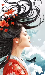 a japanese woman with flowing hair on her head