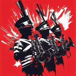three soldiers with their trombones in a red picture