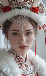 the woman wearing an elaborately decorated hat