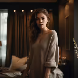 a beautiful woman wearing a sweater stands next to a bed
