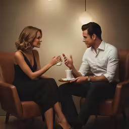 a man and woman sitting next to each other on chairs