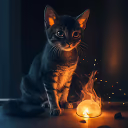 a small cat sits in front of a lit candle