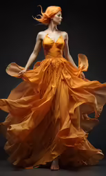 a woman wearing a long, orange dress