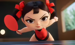 an animated doll that has black hair and bangs with a red bow around it