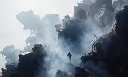 the person standing on top of a cliff looking at the fog