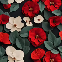 red and white flowers with green leaves surrounding them