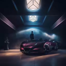 a man standing near a very futuristic car in a dimly lit room