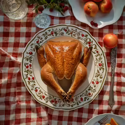 a large turkey sits on a plate near other plates