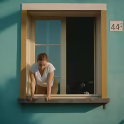 a woman looking out of a window with her hands in a drawer