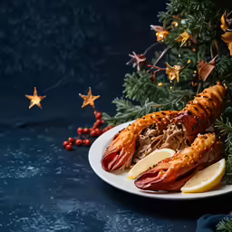 large lobster on a platter with lemon wedges and starfish