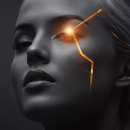 the face of a woman, with the orange section of her head showing a crack in half