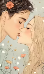 a couple kissing each other in front of a painting