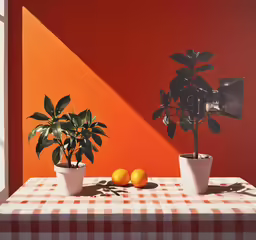 oranges sit on a checkered tablecloth with a camera leaning on a plant