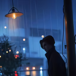a man standing next to a window at night