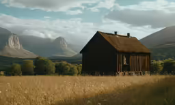 the old cabin in front of the mountain range
