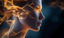 a woman with fire flames surrounding her face