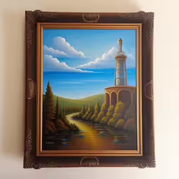 a painting is hanging on the wall and it has clouds,a painting that is hanging on the wall