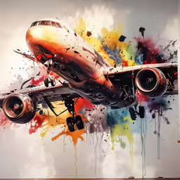 a painting of an airplane with bright colors on it