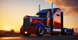 a semi truck with the sun setting behind it,the red and blue semi is parked on the street