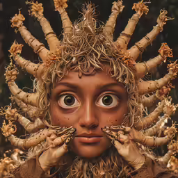 a woman with weird hair has weird, long horned fingers
