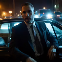a man in a suit sitting in a car