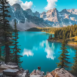 a couple stand together at the base of a mountain lake