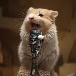a cat is yelling while singing into the microphone