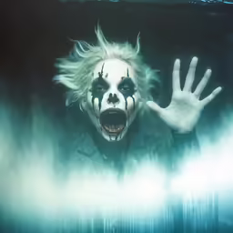 an angry clown making hand signs with white makeup