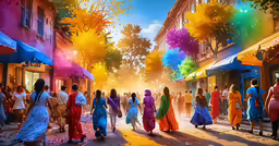 there are many people walking on this colorful street