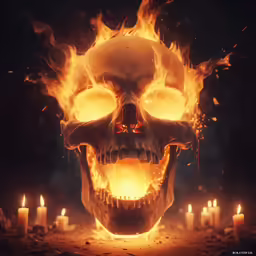 a fire skull is in front of the glowing candles
